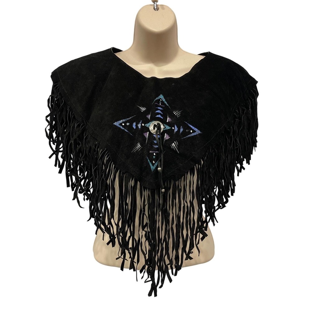 Ricky Nell Black Genuine Suede Fringe‎ Collar Shawl OS Handpainted 70s Vintage